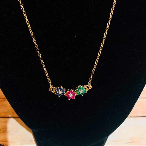 14K Gold necklace with Sapphire Ruby and Emerald.